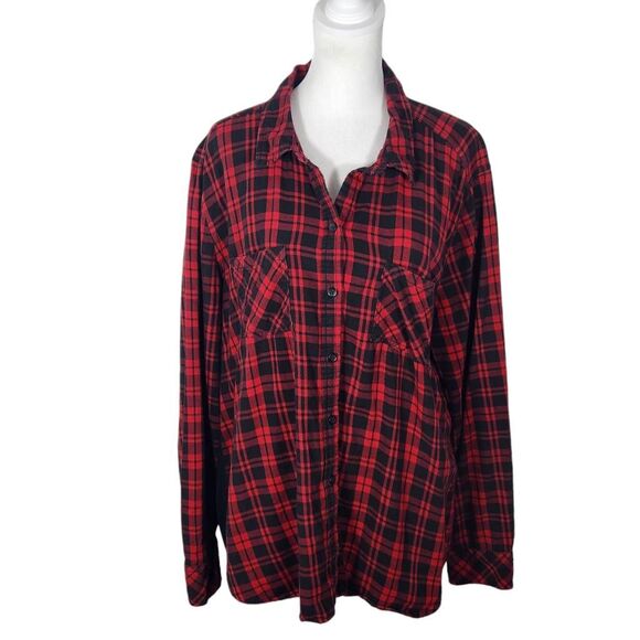 Beach Lunch Lounge Red and Black Plaid Flannel with Gathered Back Detail Size XL - Picture 1 of 9